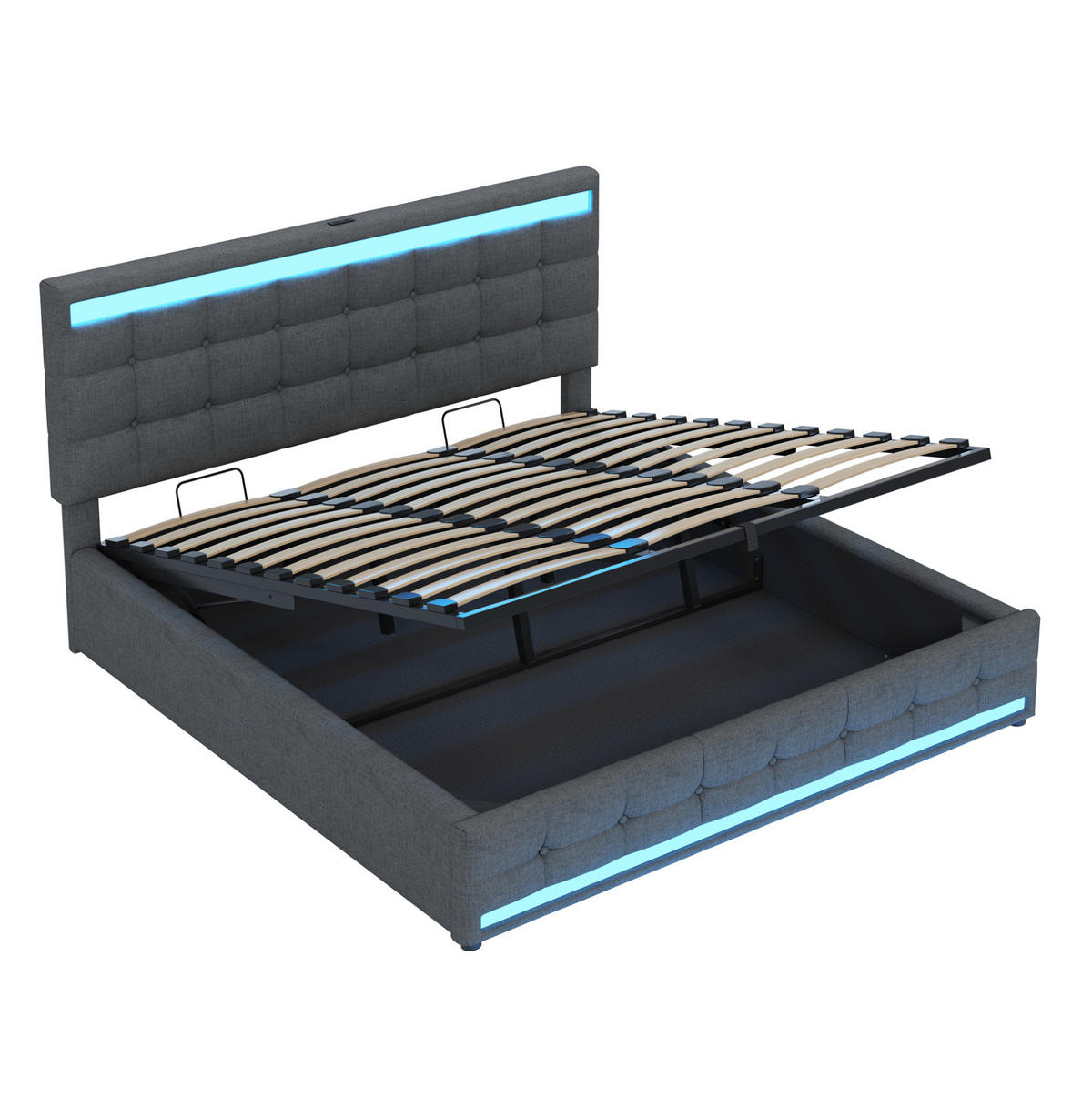 POLSTERBETT 180/200 cm Grau aus Stoff mit LED-Beleuchtung und USB - Grau, Textil (180/200cm) - OKMYHOME
