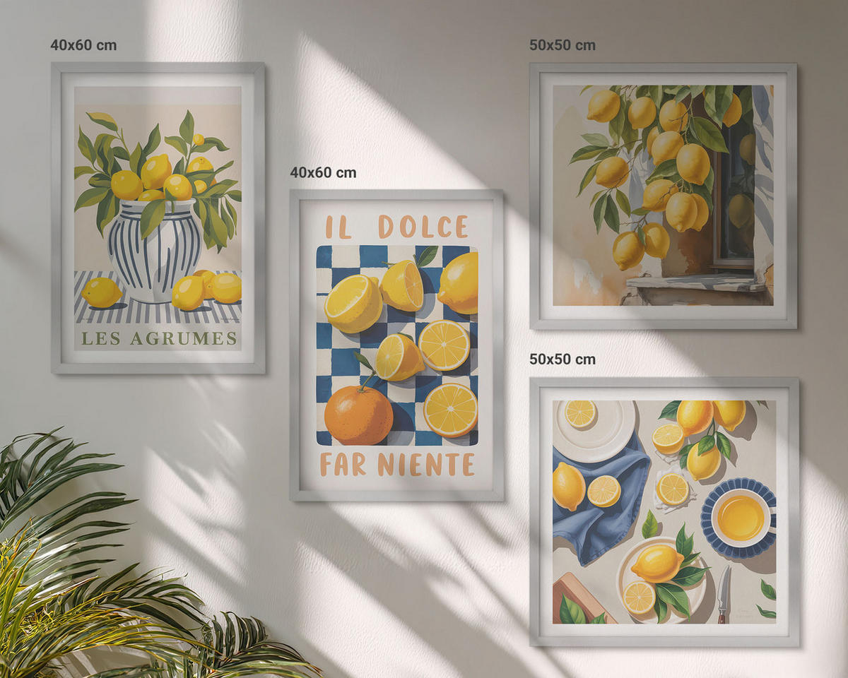 BILDER SET 4er Set - 50x50 cm & 40x60 cm Silberner Rahmen - Retro gelbe Zitrusfrüchte - Silberfarben, Kunststoff (50/50cm) - TULUP
