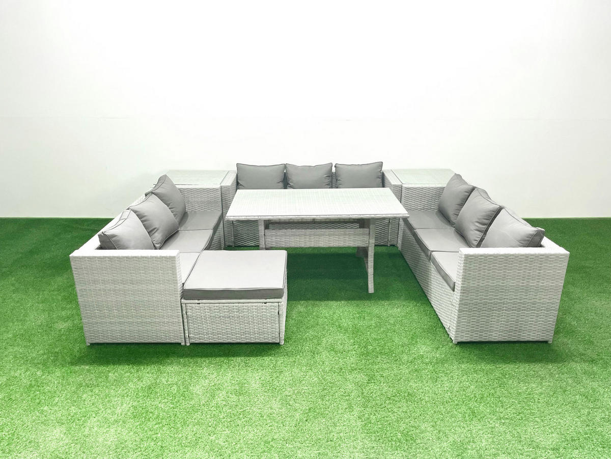 GARTENSET mit Esstisch,Sofa,2 Beistelltischen,Großer Fußhocker Polyrattan Hellgrau 10-Sitzer - Hellgrau/Grau, Glas/Kunststoff - Fimous