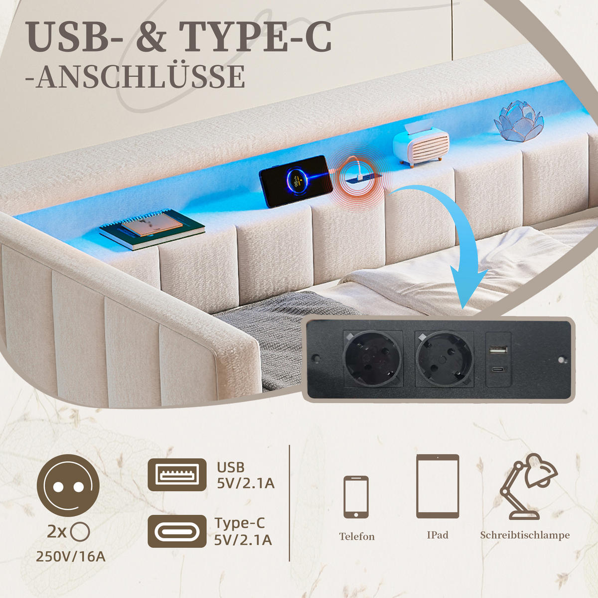 SCHLAFSOFA 90/190 cm in Beige Samt mit Ausziehbett, LED und USB-Type-C - Beige, Holzwerkstoff/Textil (90/190cm) - WISHDOR