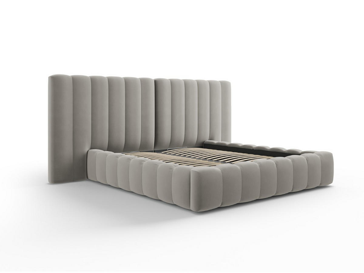 BETT mit Bettkasten und Doppelkopfteil Kelp aus Samt hellgrau 140x200cm - Hellgrau, Textil (140/200cm) - Micadoni