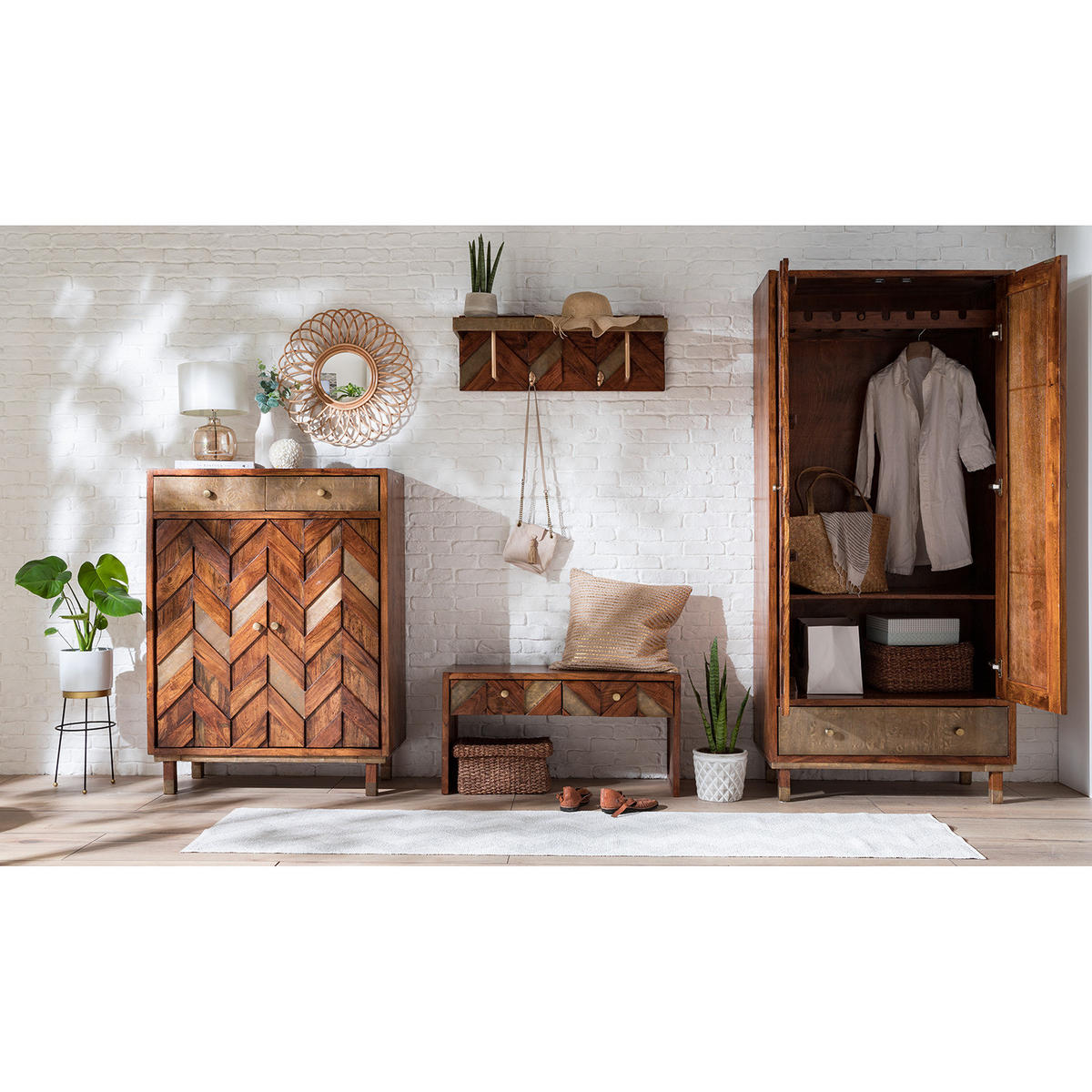 GARDEROBENSET - 4-teilig - Akazie massiv / Metall - Akazie / Gold - Akaziefarben, Holz/Metall (300/192/45cm) - home24