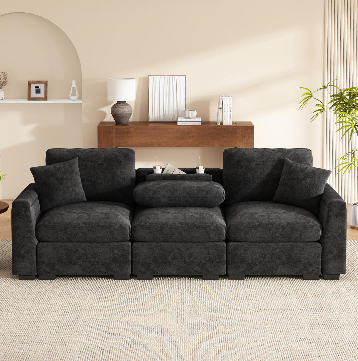 POHOVKA z chenillu, 242/80/88 cm sivá, s USB, sklápacím stolíkom a úložným priestorom - sivá, textil (80/88/242cm) - BEAOK