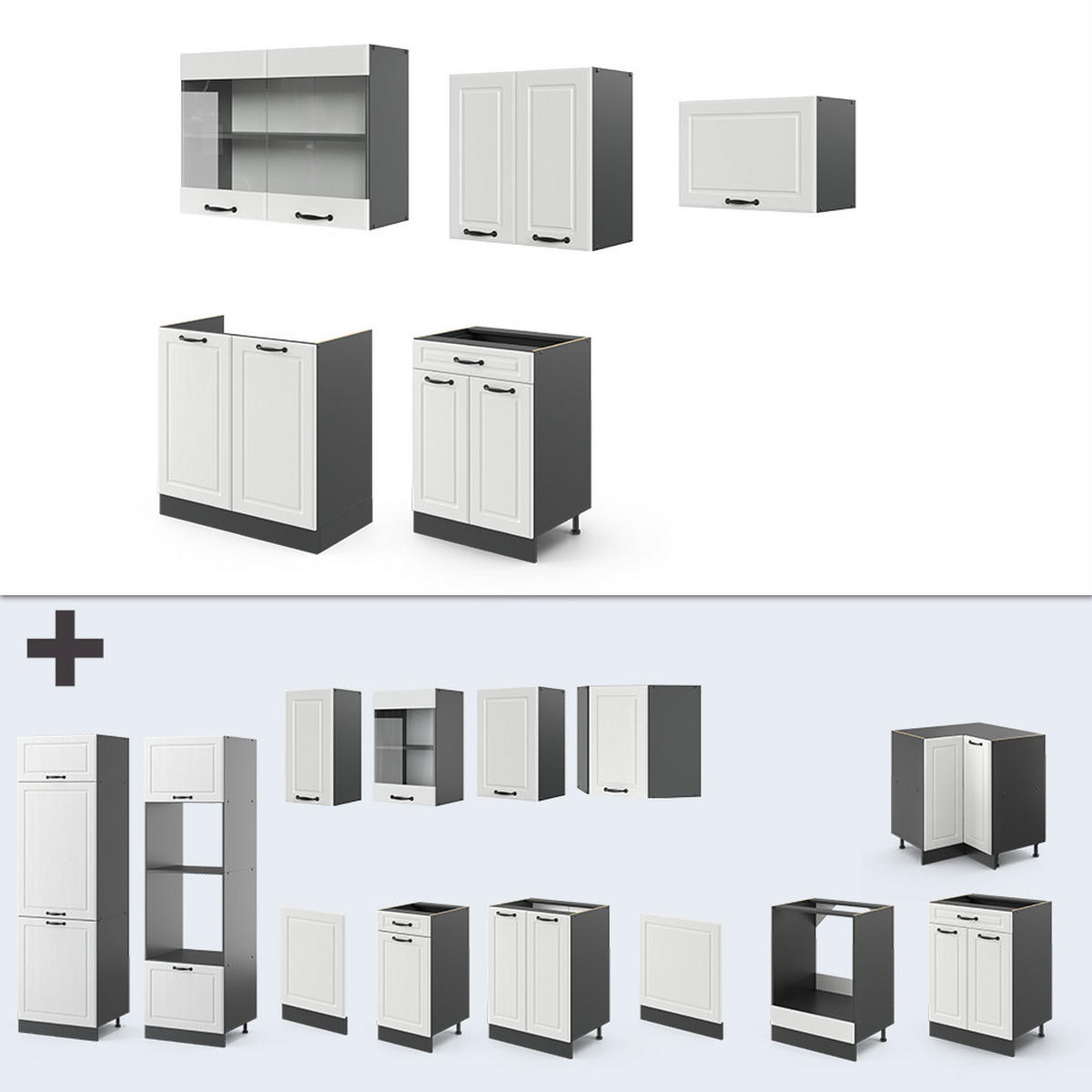 KÜCHENZEILE R-Line Weiß Landhaus/Anthrazit 200 cm, AP Marmor - Anthrazit/Creme, Holzwerkstoff (200/81.6/60cm) - Vicco