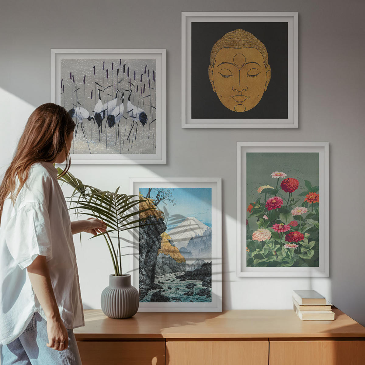 BILDER SET 4er Set - 50x50 cm & 40x60 cm Weißer Rahmen - Japanische Natur und Japandi-Stil - Weiß, Kunststoff (50/50cm) - TULUP