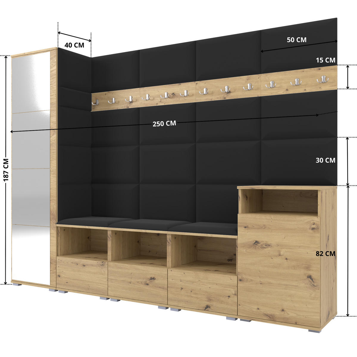 GARDEROBE NELA XI 250 cm (Modulare Flurmöbel Artisan Eiche mit Spiegel & Sitzpolster Schwarz 16 Großes Set) - Silberfarben/Schwarz, Holz/Holzwerkstoff (250/187/40cm) - Ravio