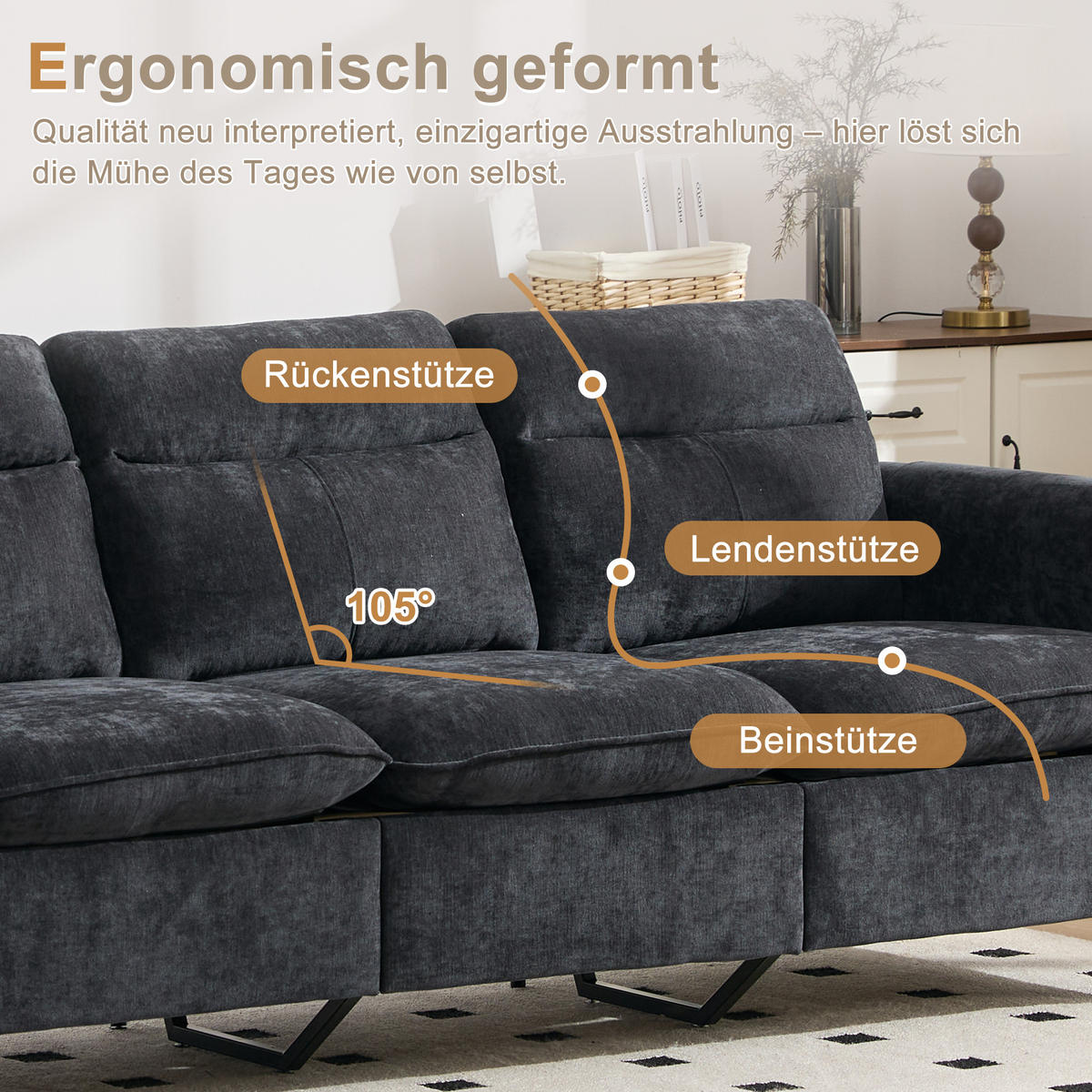 ECKSOFA 201/110/86 cm Schwarz mit Aufbewahrungshocker und Seitentaschen - Schwarz, Holz/Textil (201/110cm) - Oxeza