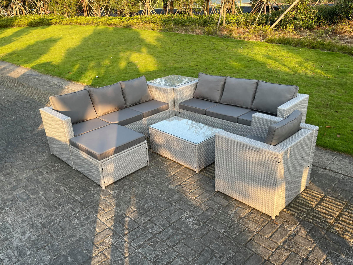 GARTENMÖBEL SET mit Couchtisch Polyrattan Helles Grau 8-Sitzer - Hellgrau, Metall - Fimous