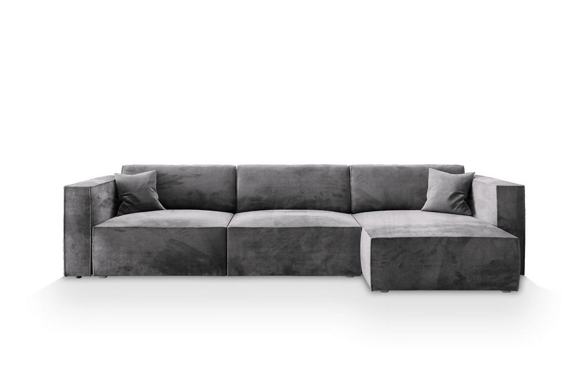 ECKSOFA TOLMO M Grau Velours-Stoff mit Schlaffunktion - Grau, Holz (347/148cm) - MASSENO