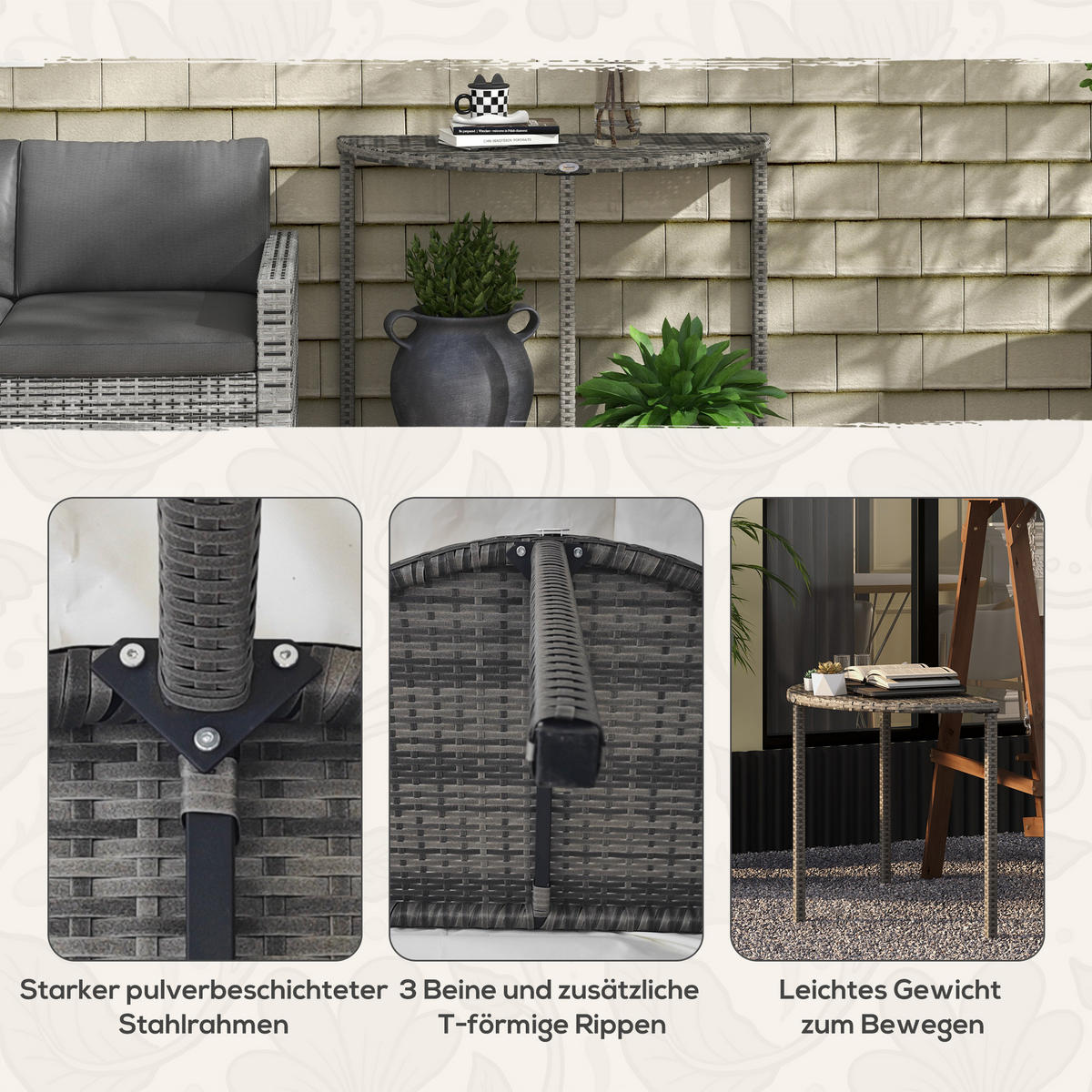 BALKONTISCH, Grau, PE Rattan, Metall - Grau, Kunststoff (100/50/74cm) - Outsunny