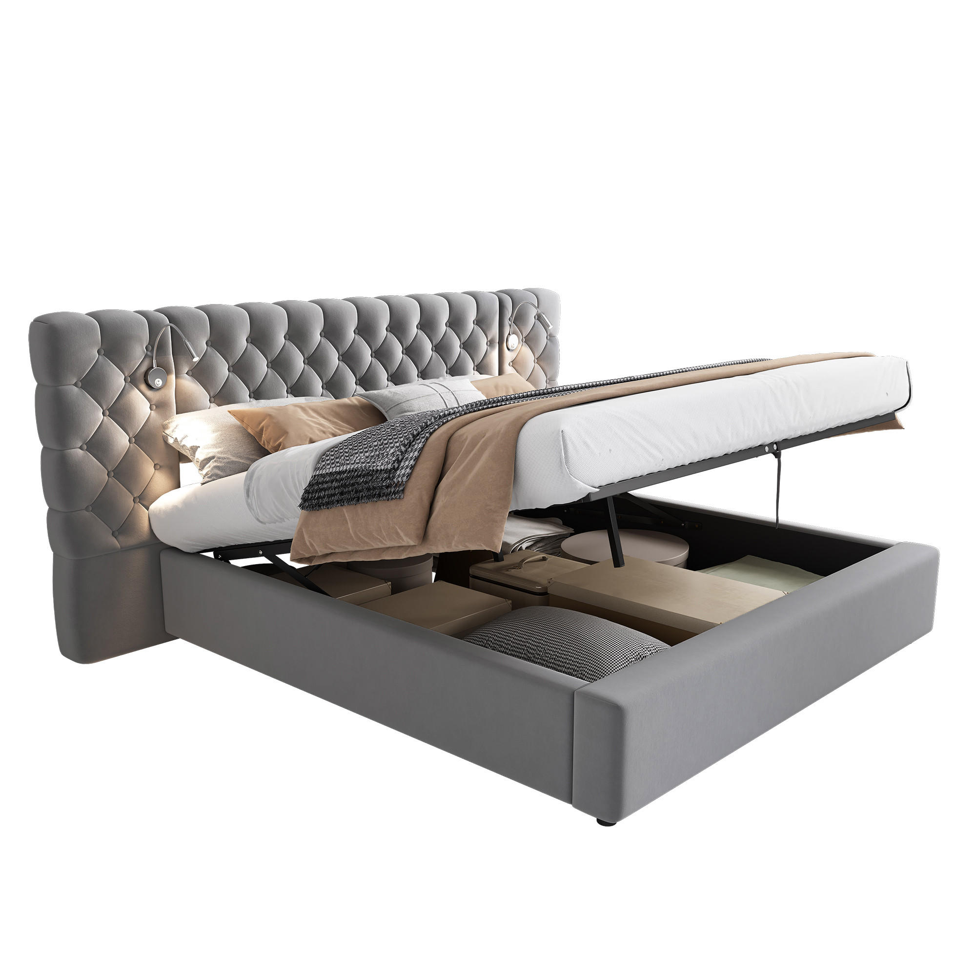 POLSTERBETT 180/200 cm Grau mit Stauraum und LED-Beleuchtung - Grau, Textil (180/200cm) - OKWISH