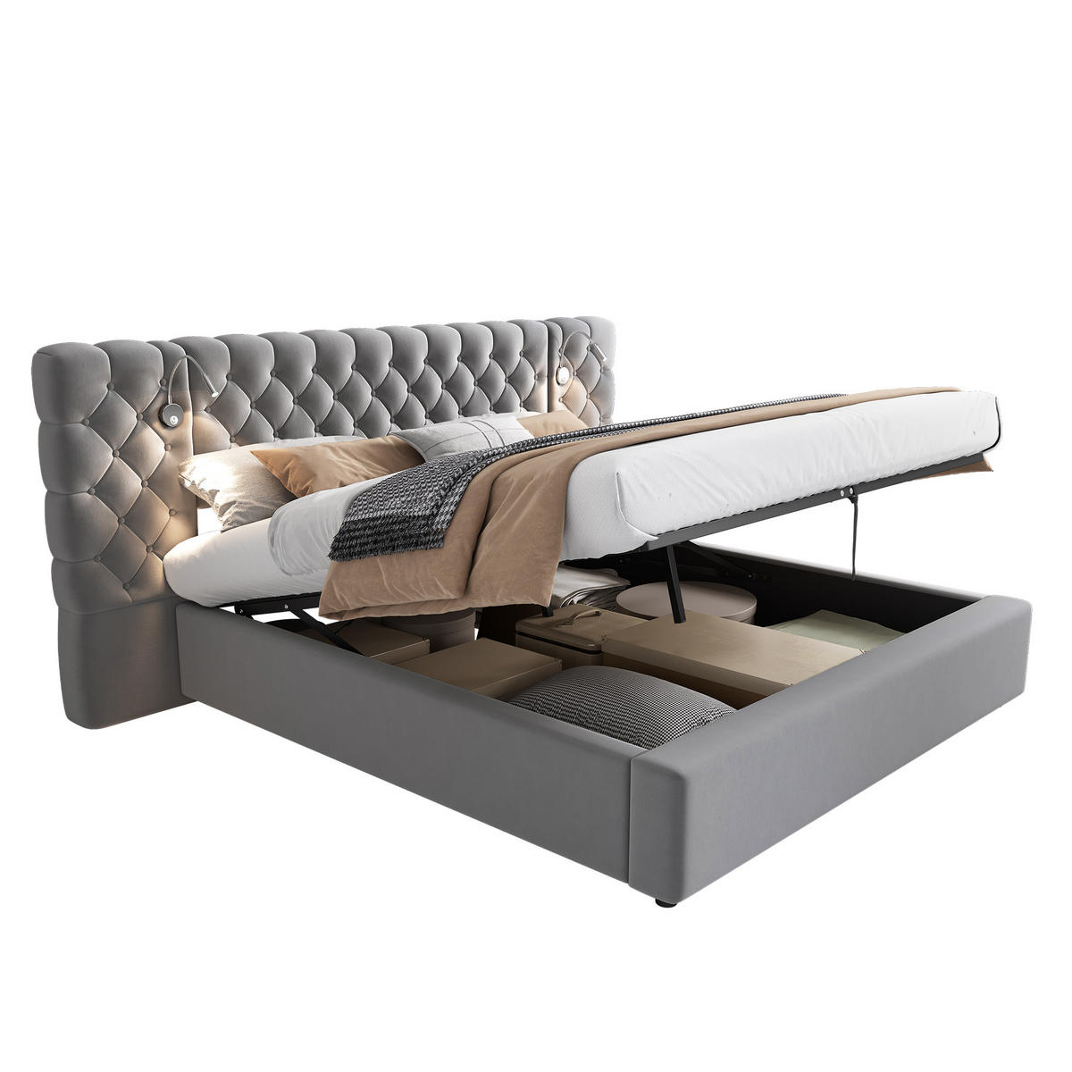 POLSTERBETT 180/200 cm Grau mit Stauraum und LED-Beleuchtung - Grau, Textil (180/200cm) - OKWISH