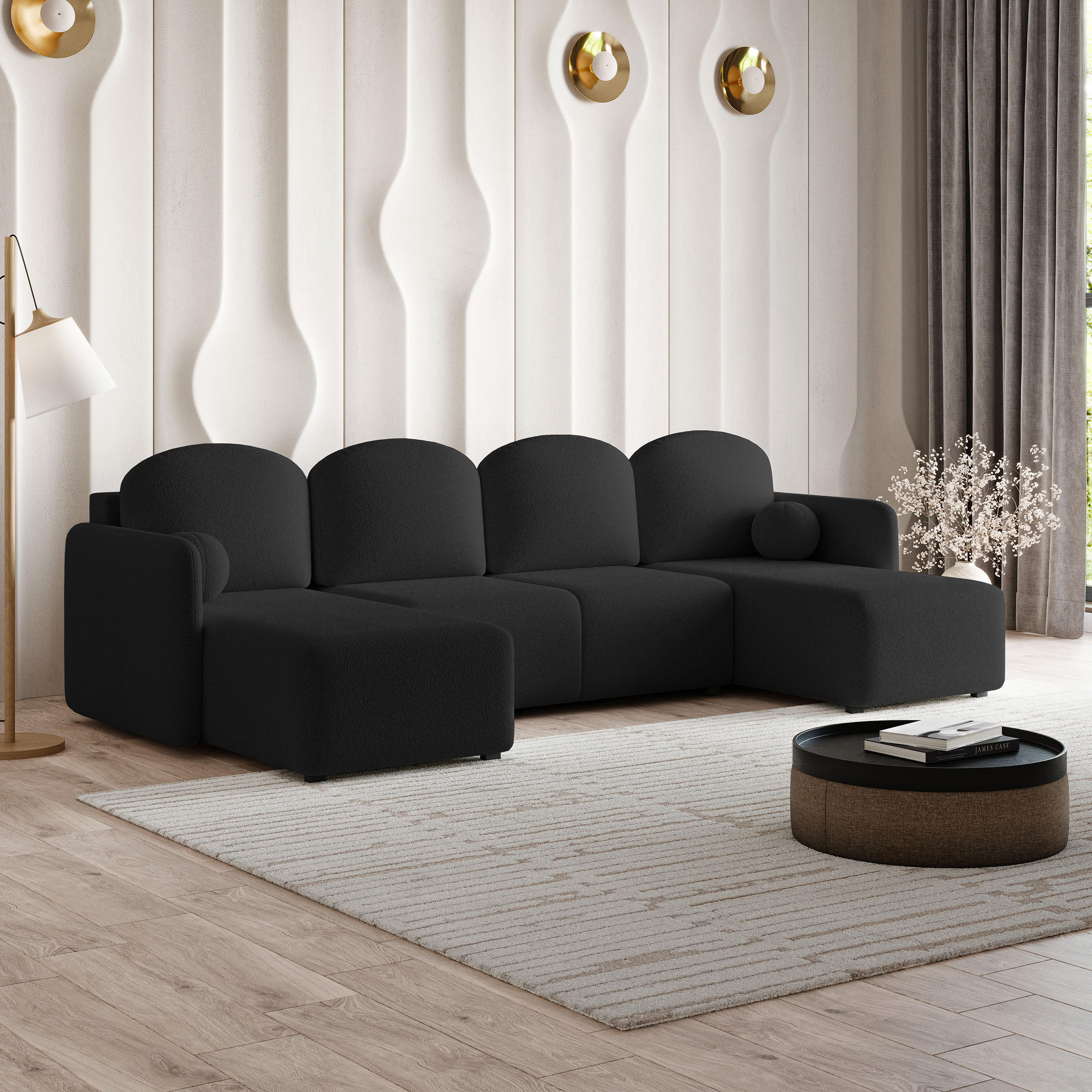 WOHNLANDSCHAFT NUBERO Schwarz Boucle-Stoff mit Schlaffunktion - Schwarz, Holz (285/85/143cm) - MASSENO