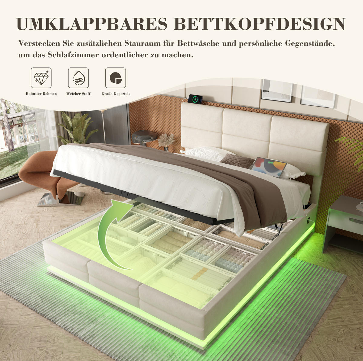 POLSTERBETT 160/200 cm mit LED-Beleuchtung, USB-Anschlüssen, hydraulischem Bettkasten und verstellbarem Kopfteil, Beige - Beige, Textil (160/200cm) - Redom