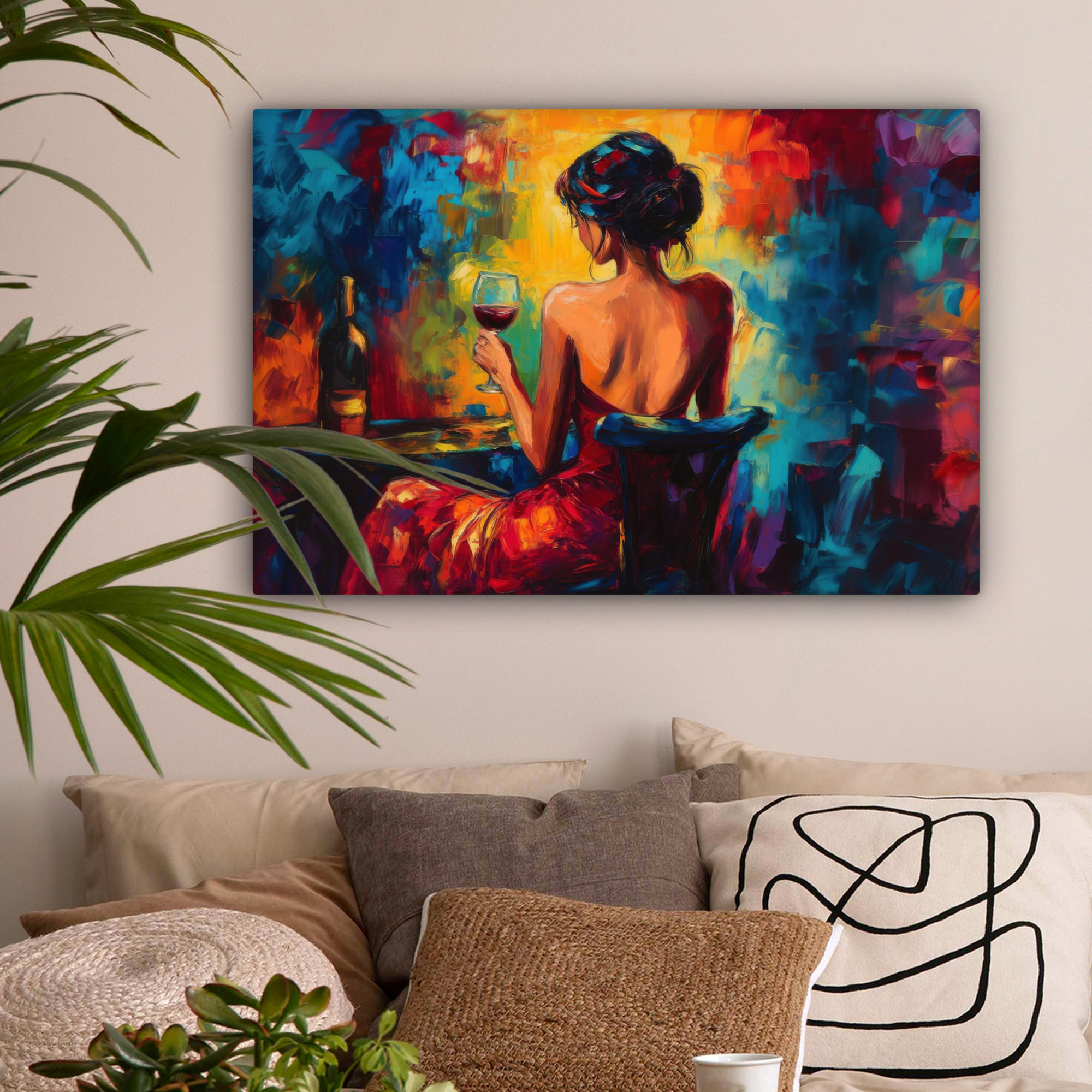 LEINWANDBILD Wein - Frau - Stimmungsvoll - Farbenfroh Gemälde 60x40 cm - Bordeaux, Textil (60/40cm) - MuchoWow