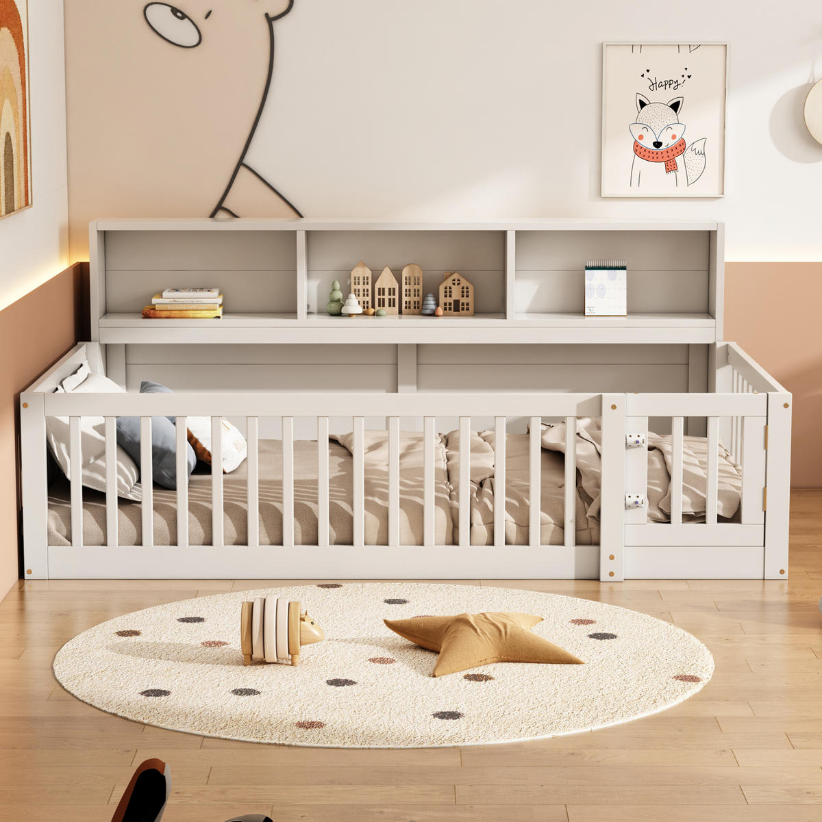 KINDERBETT Kindereinzelbetten 90/200 cm mit Lattenrost, Sicherheitsgeländer und seitlichen Ablagefächern aus Kiefer und MDF, Weiß - Weiß, Holzwerkstoff (90/200cm) - Redom