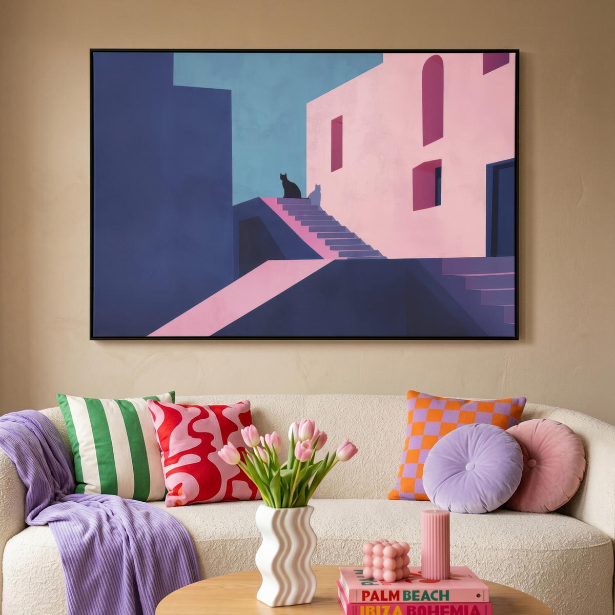 LEINWAND Bilder mit Rahmen - Katze - Treppe - Gebäude - Schattenkontraste - 150x100 - Dunkelblau, Textil (150/100cm) - MuchoWow