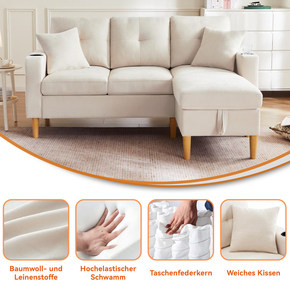 ECKSOFA 175/129/90 cm Beige aus Baumwoll-Leinen mit Stauraum - Beige, Textil (129/175cm) - OKWISH