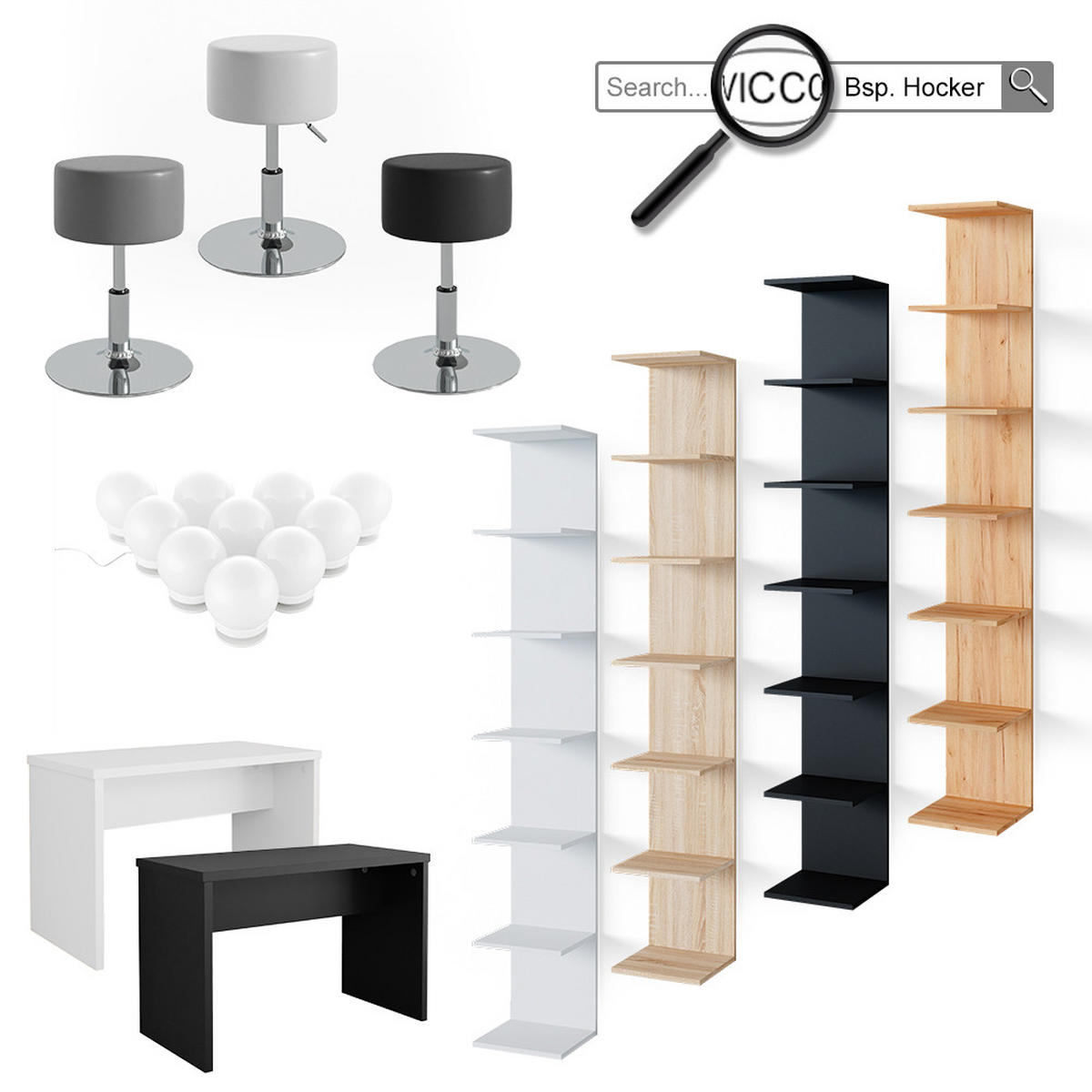 SCHMINKTISCH Meryl Weiß 79.9 cm mit LED Beleuchtung und Hocker - Weiß, Holzwerkstoff (40/127.4/79.9cm) - Vicco