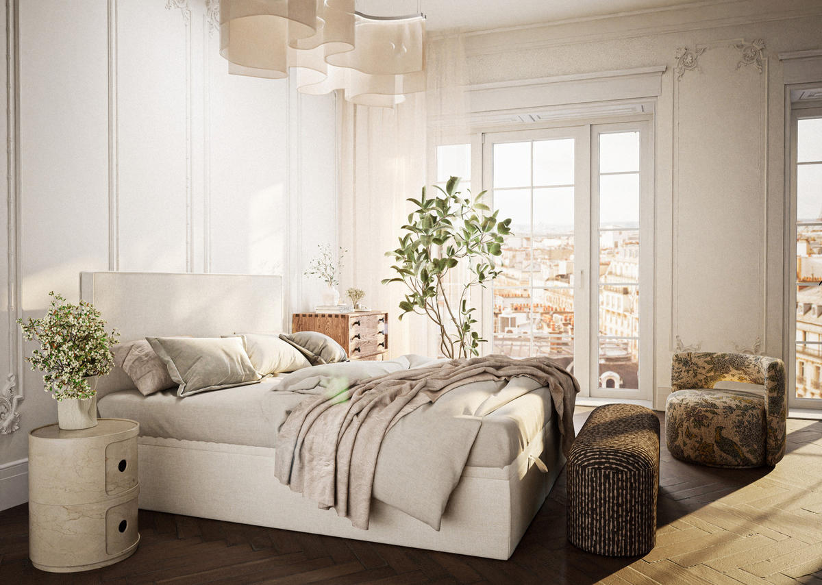 BOXBETT 140/200 cm Tegal, in Creme, Matratze, gepolstertes Kopfteil, Bettkasten, H3 = fest - Creme/Schwarz, Holz/Holzwerkstoff (140/200cm) - Maison de Reve