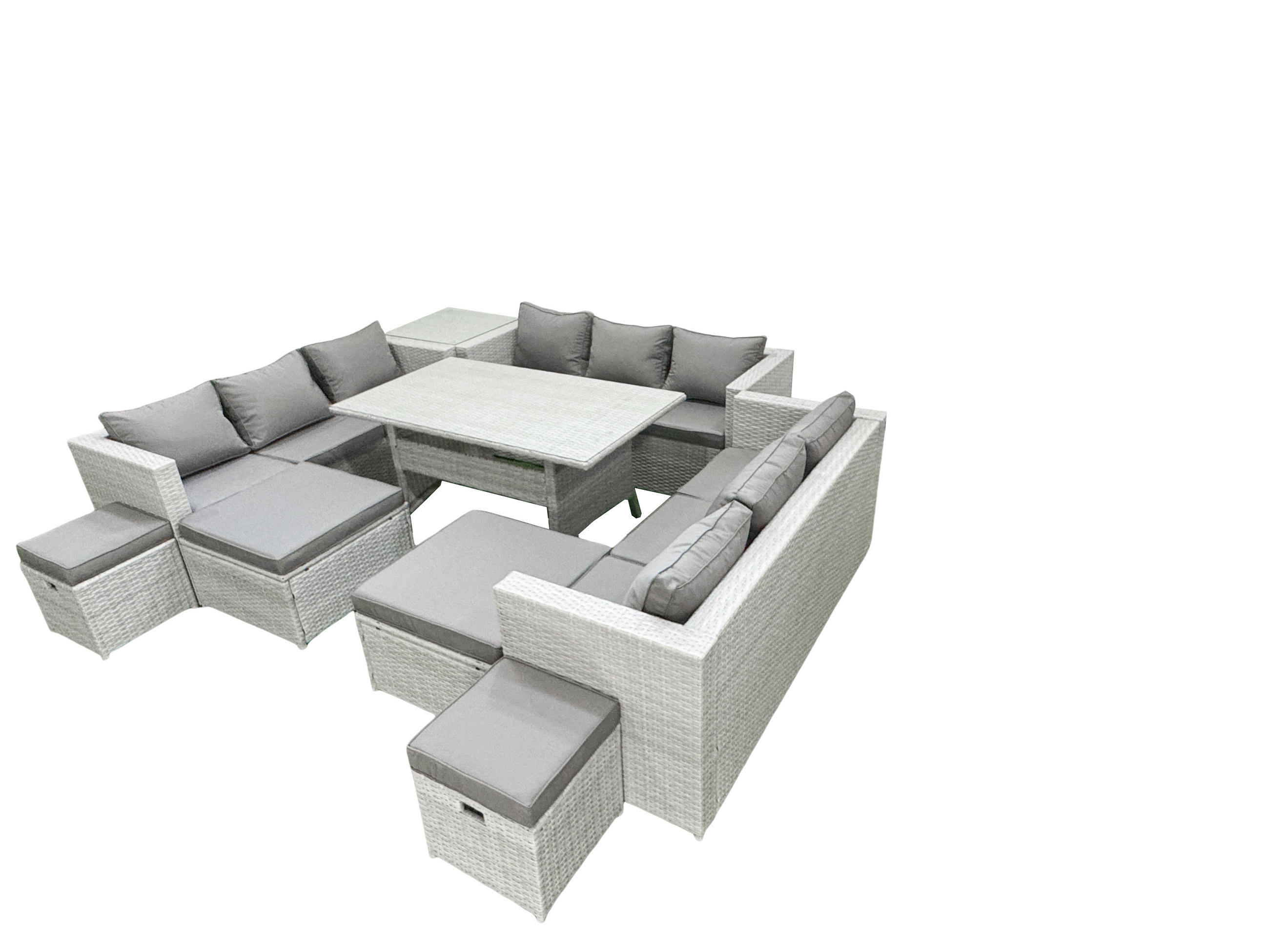 GARTENSET mit Esstisch,Sofa,2 Beistelltischen Polyrattan Hellgrau 13-Sitzer - Hellgrau/Grau, Glas/Kunststoff - Fimous