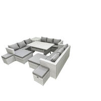 GARTENSET mit Esstisch,Sofa,2 Beistelltischen Polyrattan Hellgrau 13-Sitzer - Hellgrau/Grau, Glas/Kunststoff - Fimous