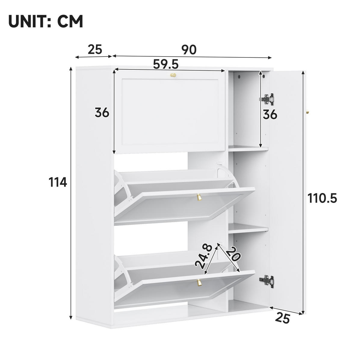 SCHUHSCHRANK 90/25/114 cm in Weiß mit 3 Klappen und 1 Tür - Weiß, Holzwerkstoff (90/114/25cm) - Flora Grace