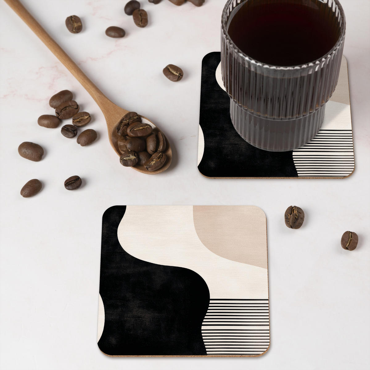 GLASUNTERSETZER 6er-Set Abstrakt - Japandi - Beige - Modern 10x10 cm - Schwarz, Naturmaterialien (10/0.2cm) - MuchoWow