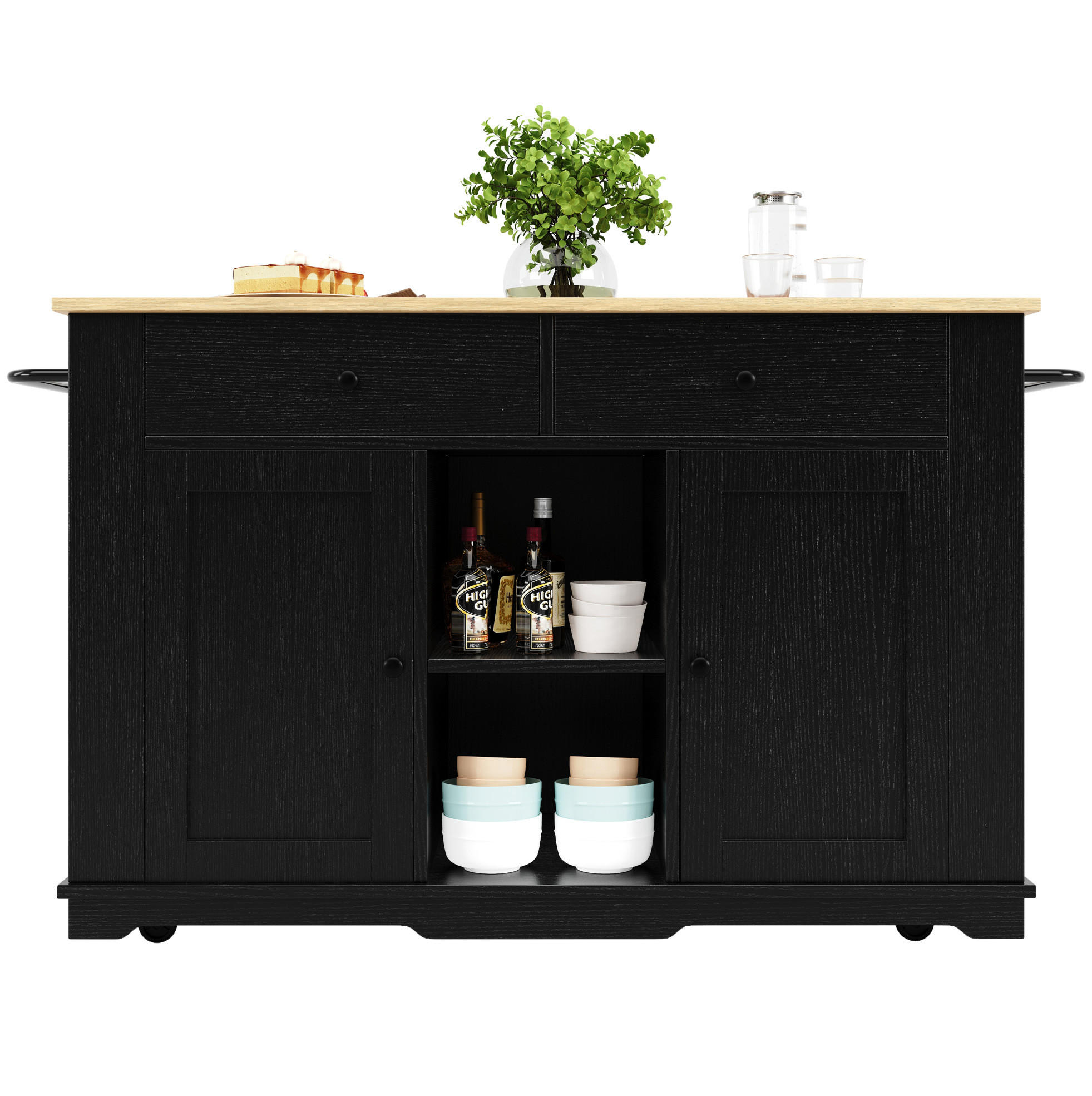 KÜCHENINSEL 151,5/59,7/91,7 cm schwarz mit Steckdosen und klappbarer Tischplatte - Schwarz, Holzwerkstoff (151.5/91.7/84.7cm) - OKWISH