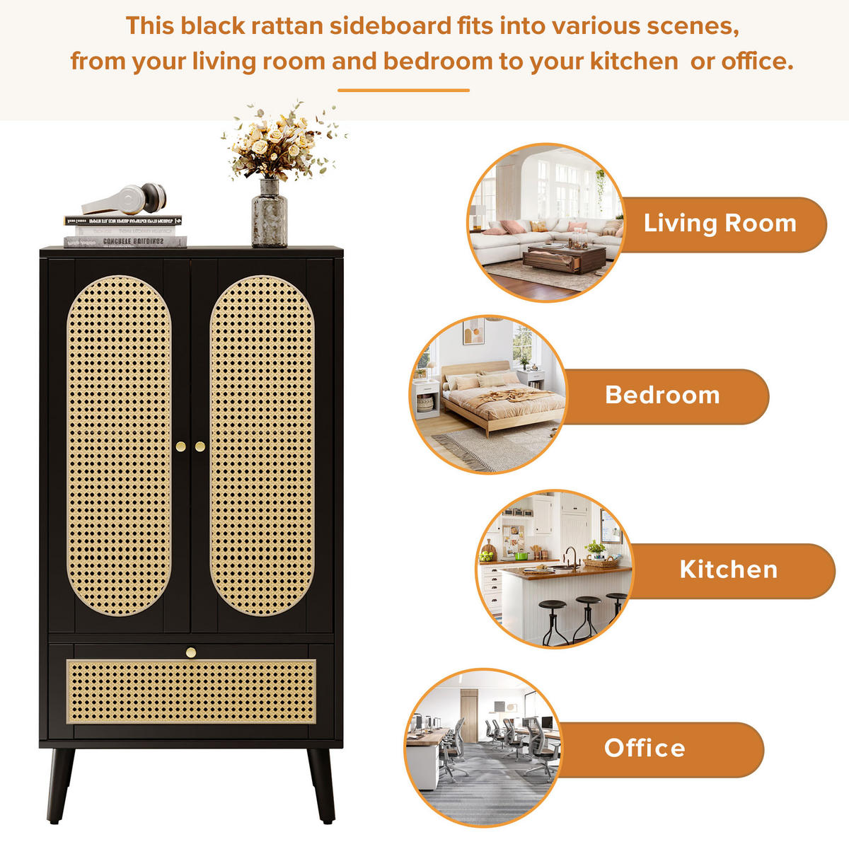 SIDEBOARD Schwarz Rattan-Design 60/40/110,5 cm - Schwarz, Holzwerkstoff (60/110.5/40cm) - PANGIVO