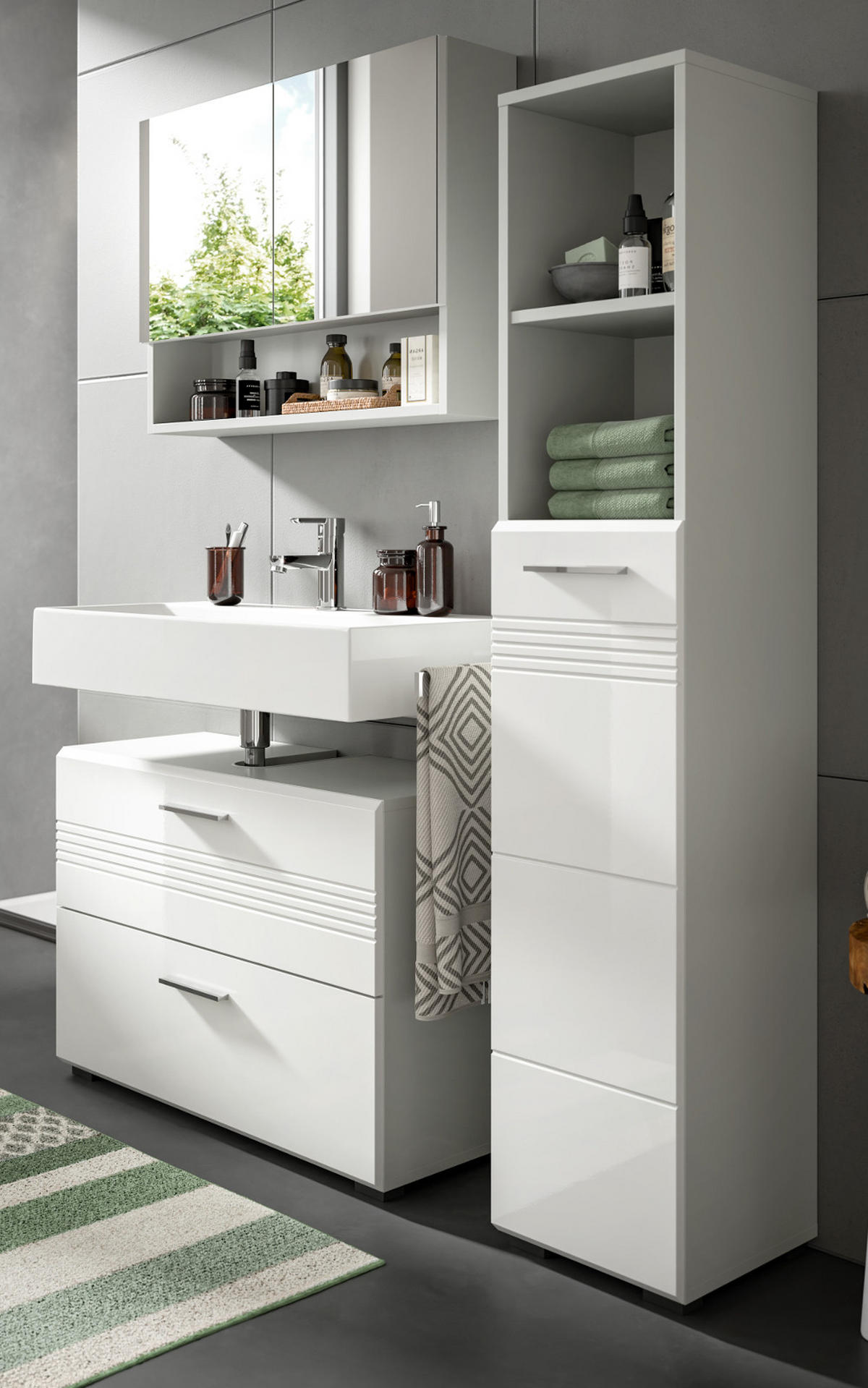 BADMÖBEL-SET 3-teilig weiß Hochglanz, grau 125 cm, Komplettset mit Soft-Close - Weiß Hochglanz/Grau, Glas/Holzwerkstoff (125/190/32cm) - Inn.Furn