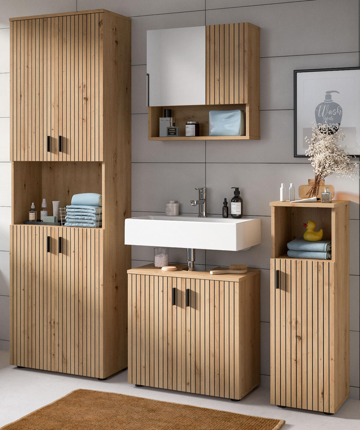 BADMÖBEL-SET Eiche Artisan 4-teilig 180 cm, Badkombination mit viel Stauraum - Schwarz/Eiche Artisan, Glas/Holzwerkstoff (180/192/30cm) - Inn.Furn
