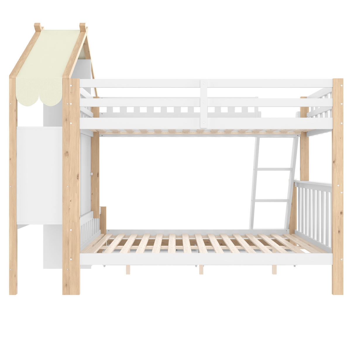 ETAGENBETT 90/200 cm Weiß + Natur mit Bettgitter, 2 Schubladen und Unregelmäßiger Zaun - Weiß, Holz (90/200cm) - Oxeza