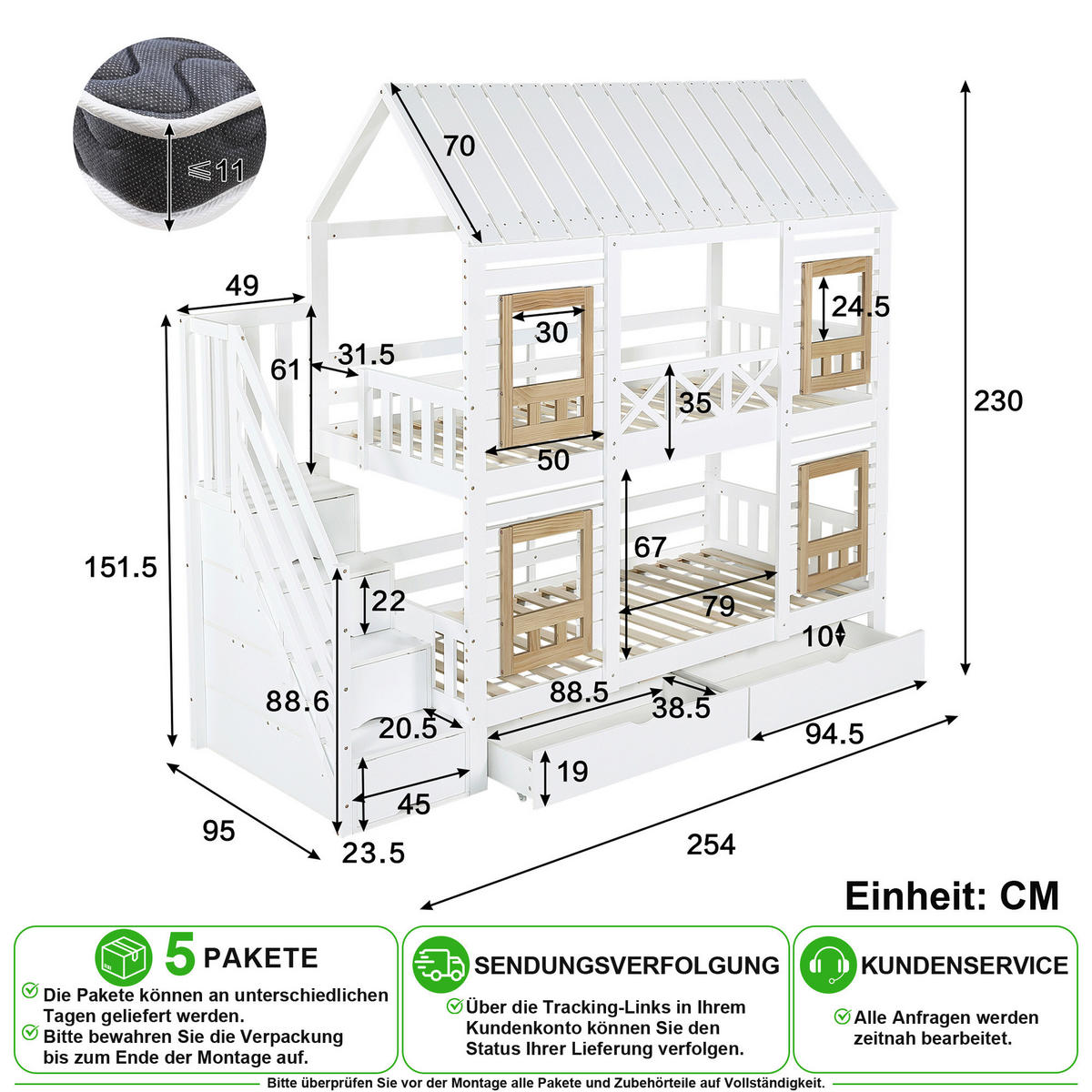 ETAGENBETT 90/200 cm & 90/200 cm in Weiß & Natur mit 2 Schubladen und Treppe - Weiß/Naturfarben, Holz/Holzwerkstoff (90/200cm) - CHICFURN