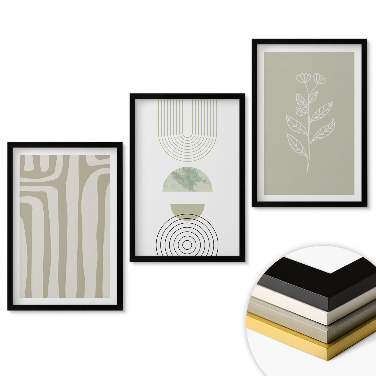 WANDBILDER 3er-Set - 40x60 cm Schwarzer Rahmen - Geometrische Pflanzenmuster - Schwarz, Kunststoff (40/60cm) - ArtPrintCave