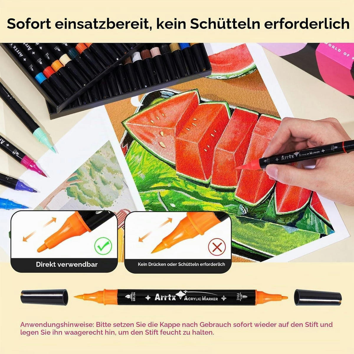 ACRYLSTIFTE 64er Set mit Pinsel- und Feinspitze wasserfest - Multicolor, Kunststoff (12/10/15cm)