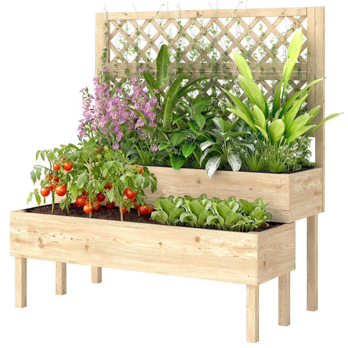 HOCHBEET 2-Stufig DE-12298 mit Rankgitter 108/62/120 cm Natur - Naturfarben, Holz (108/120/62cm) - ComfortXL