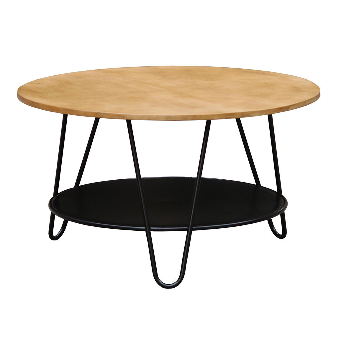 COUCHTISCH Rund Massiv Mangoholz Schwarz Metall PRIYA - Naturfarben, Holz (80/80/45cm) - Miliboo