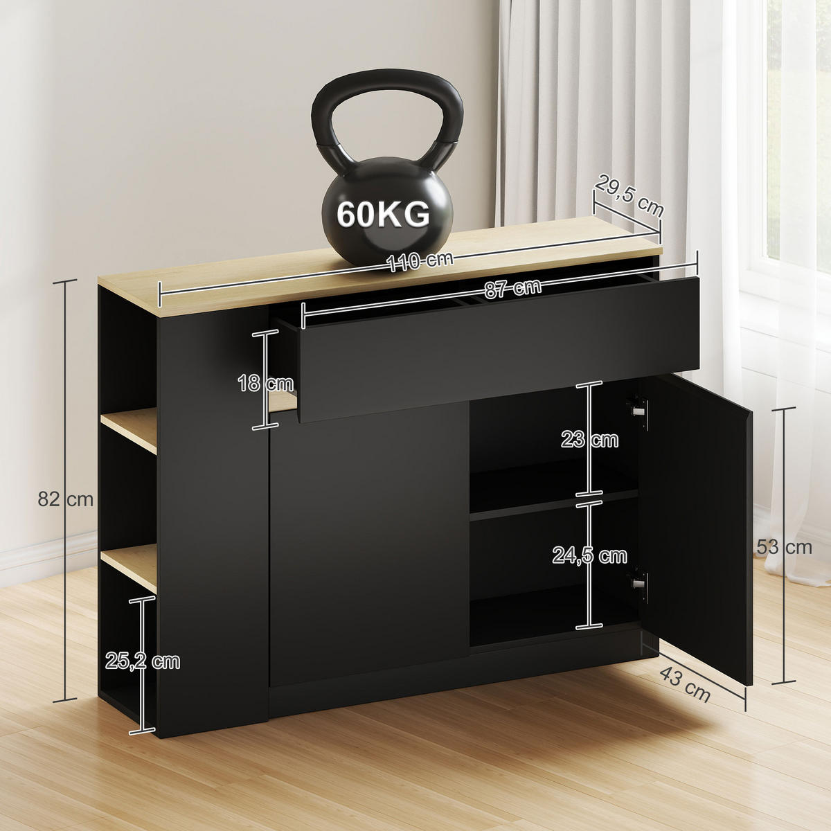 SIDEBOARD DE-11197 2 Schubladen, 3 offene Fächer Schwarz - Schwarz, Holzwerkstoff (110/82/29.5cm) - ComfortXL