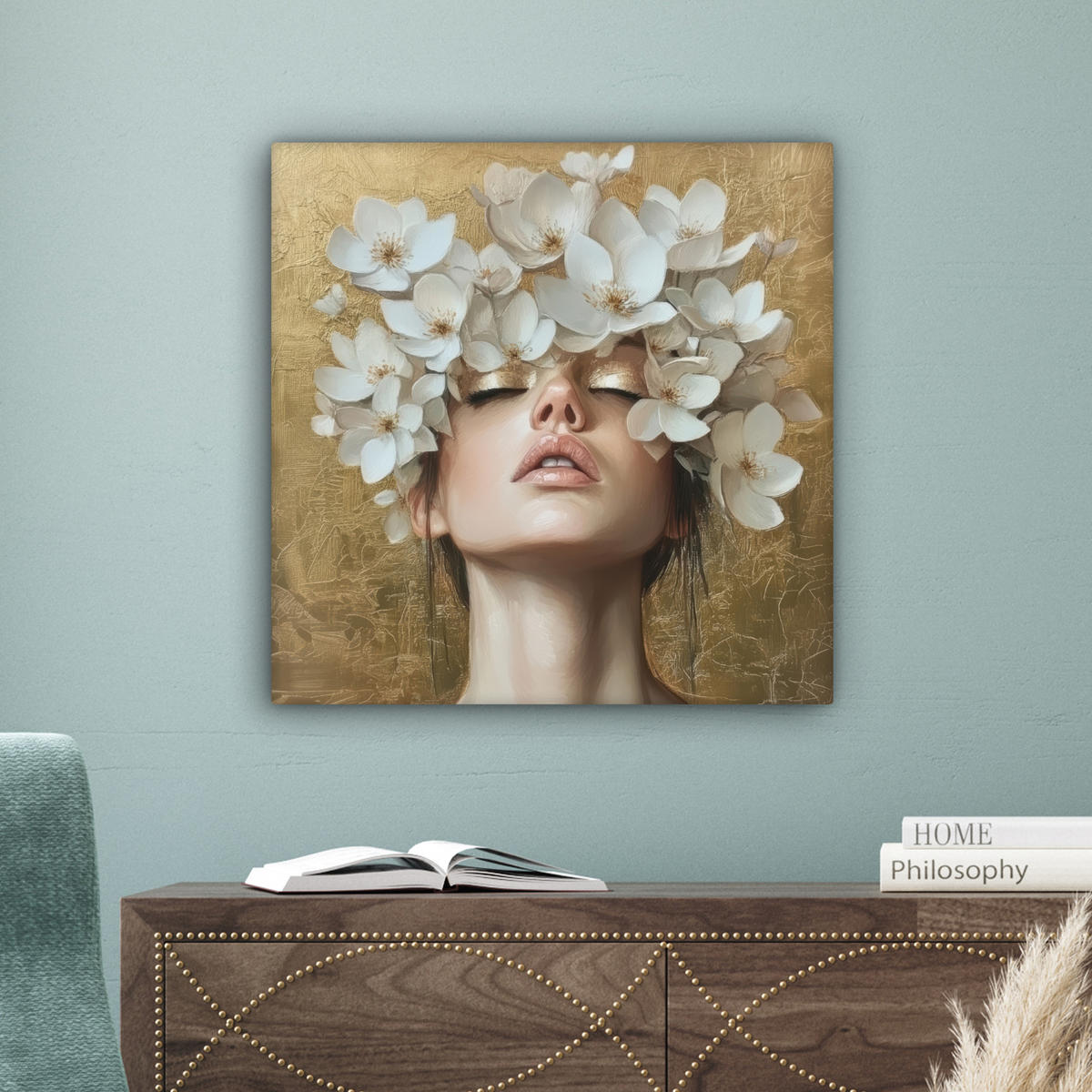 LEINWANDBILD Gesicht - Blumen - Gold - Abstrakt Wandbild Wohnzimmer 50x50 cm - Goldfarben, Textil (50/50cm) - MuchoWow