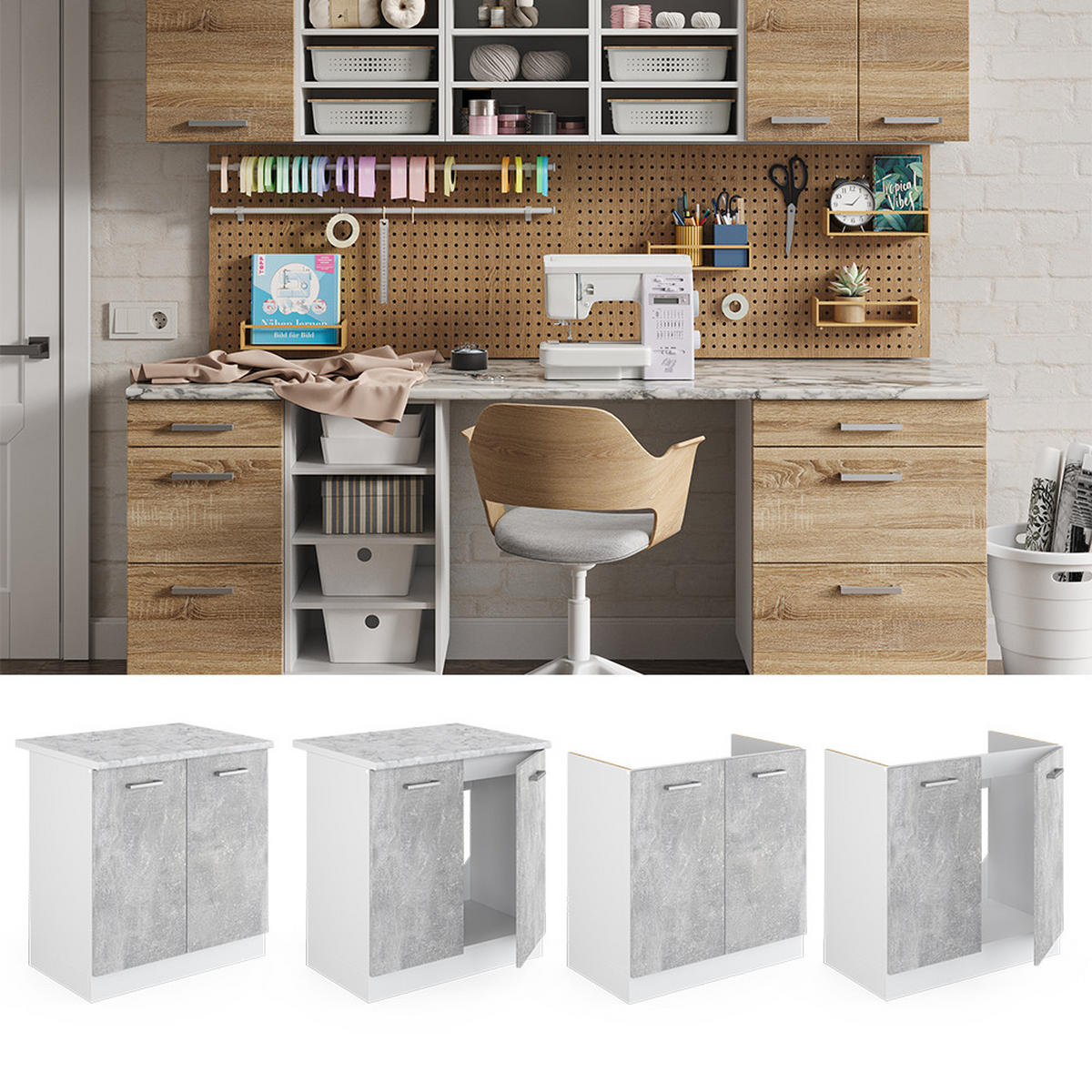 SPÜLENUNTERSCHRANK R-Line Beton 80 cm mit Türen, ohne Arbeitsplatte - Weiß/Grau, Holzwerkstoff (80/81.6/46cm) - Vicco