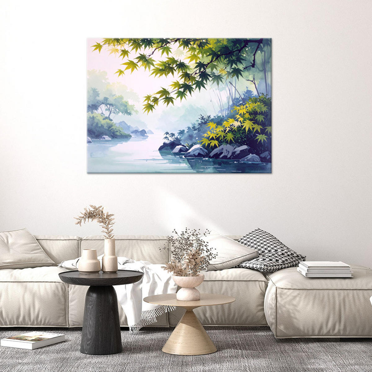 BILDER, Japanische Landschaft Ahornblätter Natur grün - Blau, Textil (60/40cm) - Feeby