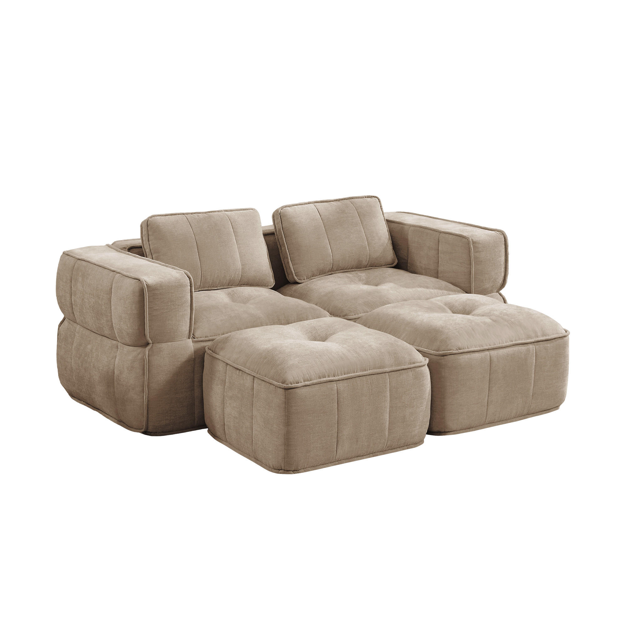 2-SITZER-SOFA mit 2 Hockern, minimalistisch, Polyester-Sandfarben - Sandfarben, Textil (162/67/198cm) - KOMHTOM