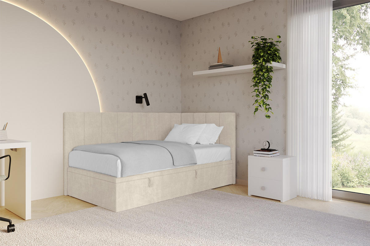EINZELBETT Jugendbett mit Bettkasten Links, mit Matratze - LOVY 90x200 Beige - Sandfarben, Holzwerkstoff/Textil (90/200cm) - ALTDECOR