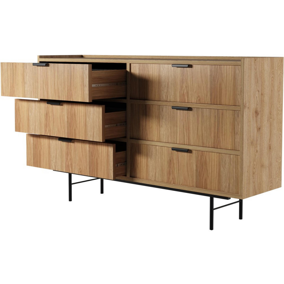 KOMMODE Evron mit 6 Schubladen, Hikora Eiche - Eichefarben/Schwarz, Holzwerkstoff/Metall (150/90/40cm) - Beautysofa