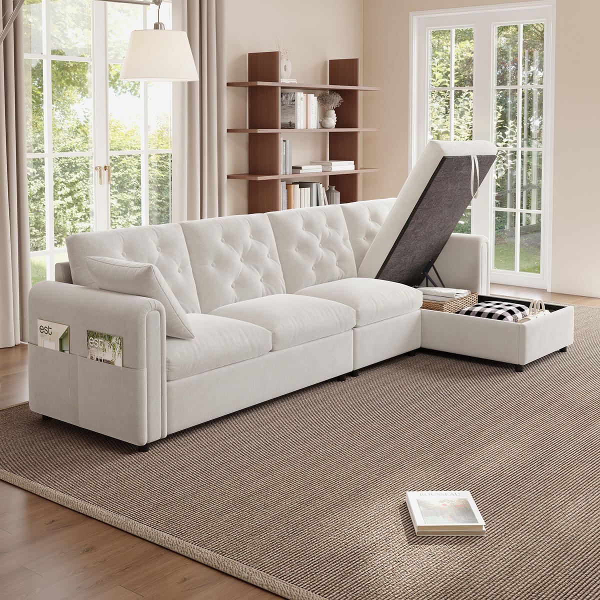 ECKSOFA 281/132/86 cm Beige mit 2 Stauraum und Magazintaschen - Beige, Textil (281/132cm) - Oxeza