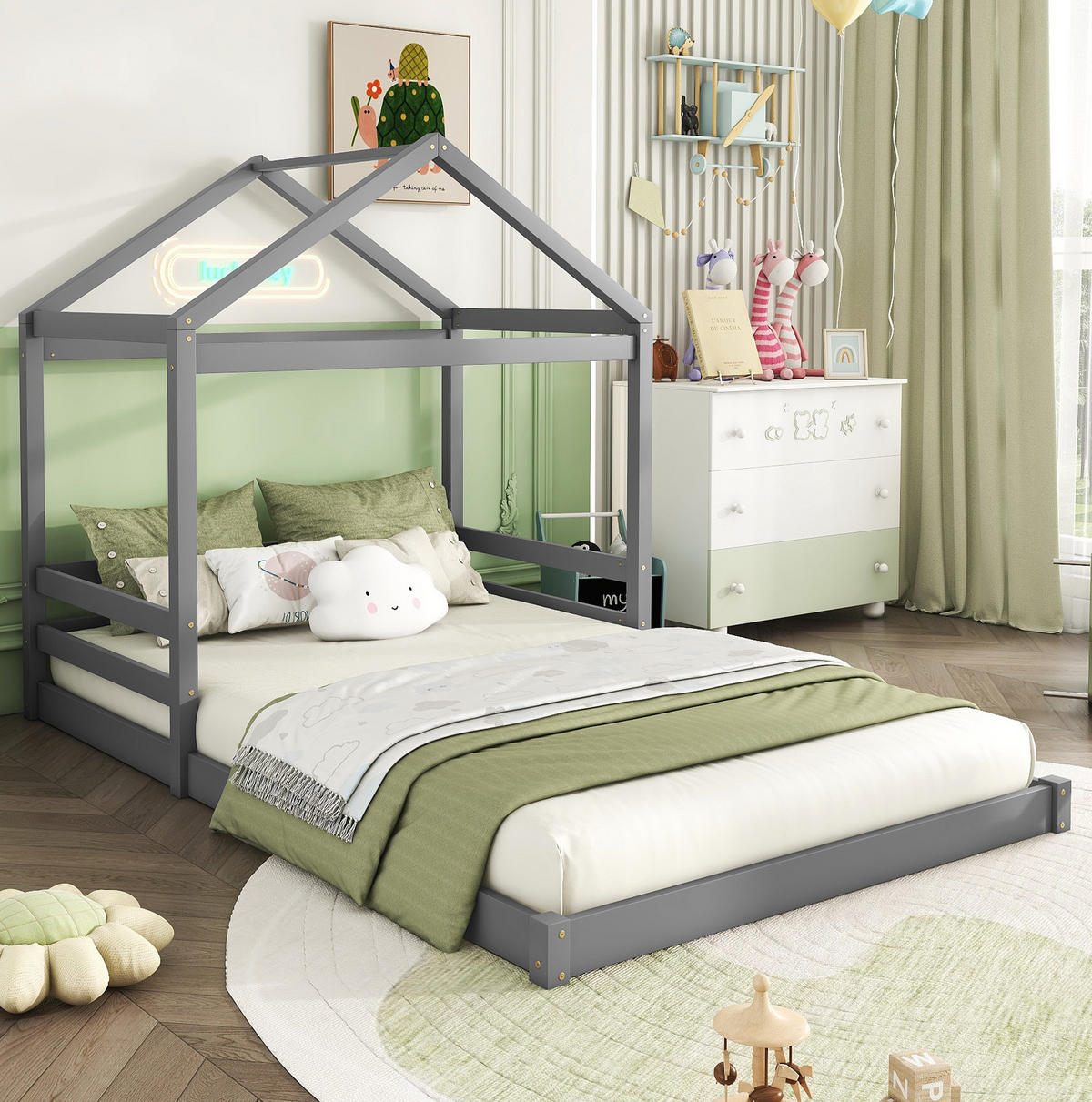 HAUSBETT 140/200 cm grau mit Lattenrost aus Kiefernholz - Grau, Holz (140/200cm) - OKWISH