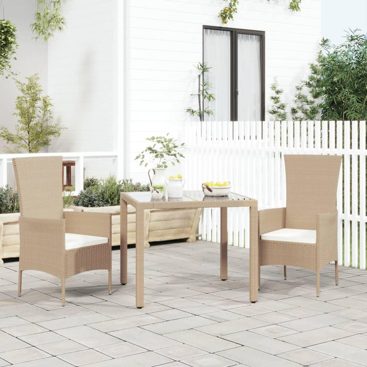 GARTENSTÜHLE mit Kissen 2 Stk. Poly Rattan Beige - Beige, Kunststoff (60/108/58cm) - furnicato