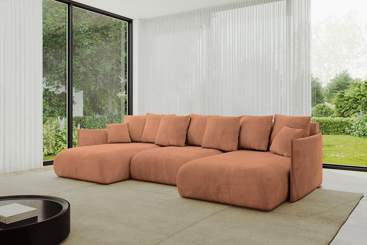WOHNLANDSCHAFT mit Schlaffunktion und Bettkasten ONESK-U 317x177x72 Koralle Velours - Koralle, Holzwerkstoff/Kunststoff (317/72/177cm) - ALTDECOR