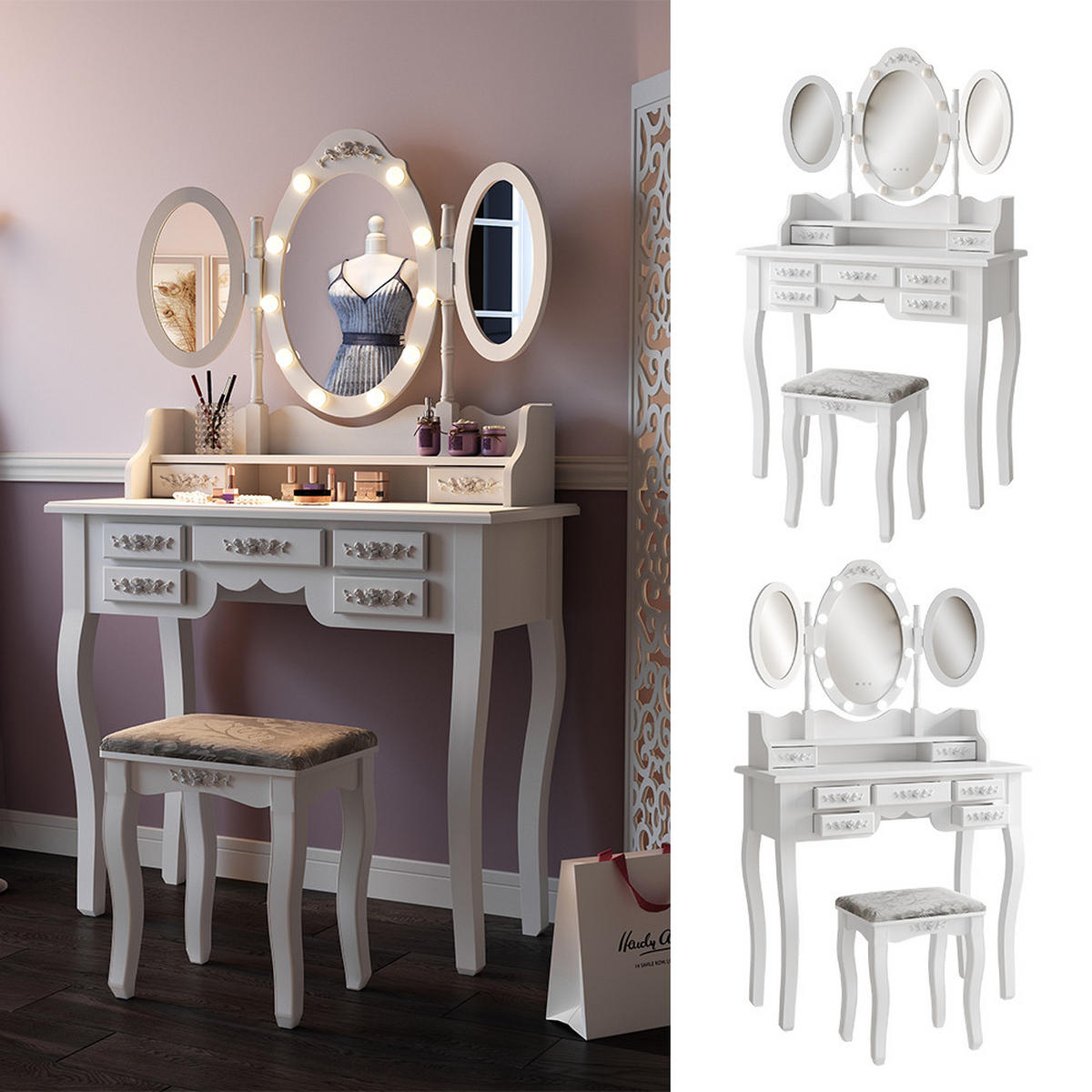 SCHMINKTISCH Diana Weiß 90 cm mit Beleuchtung und Hocker - Weiß, Holzwerkstoff (90/147/40cm) - Vicco